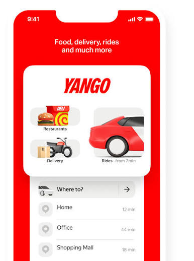 Capture de l'application Yango montrant l'écran d'accueil avec les services Rides, Delivery et Restaurants
