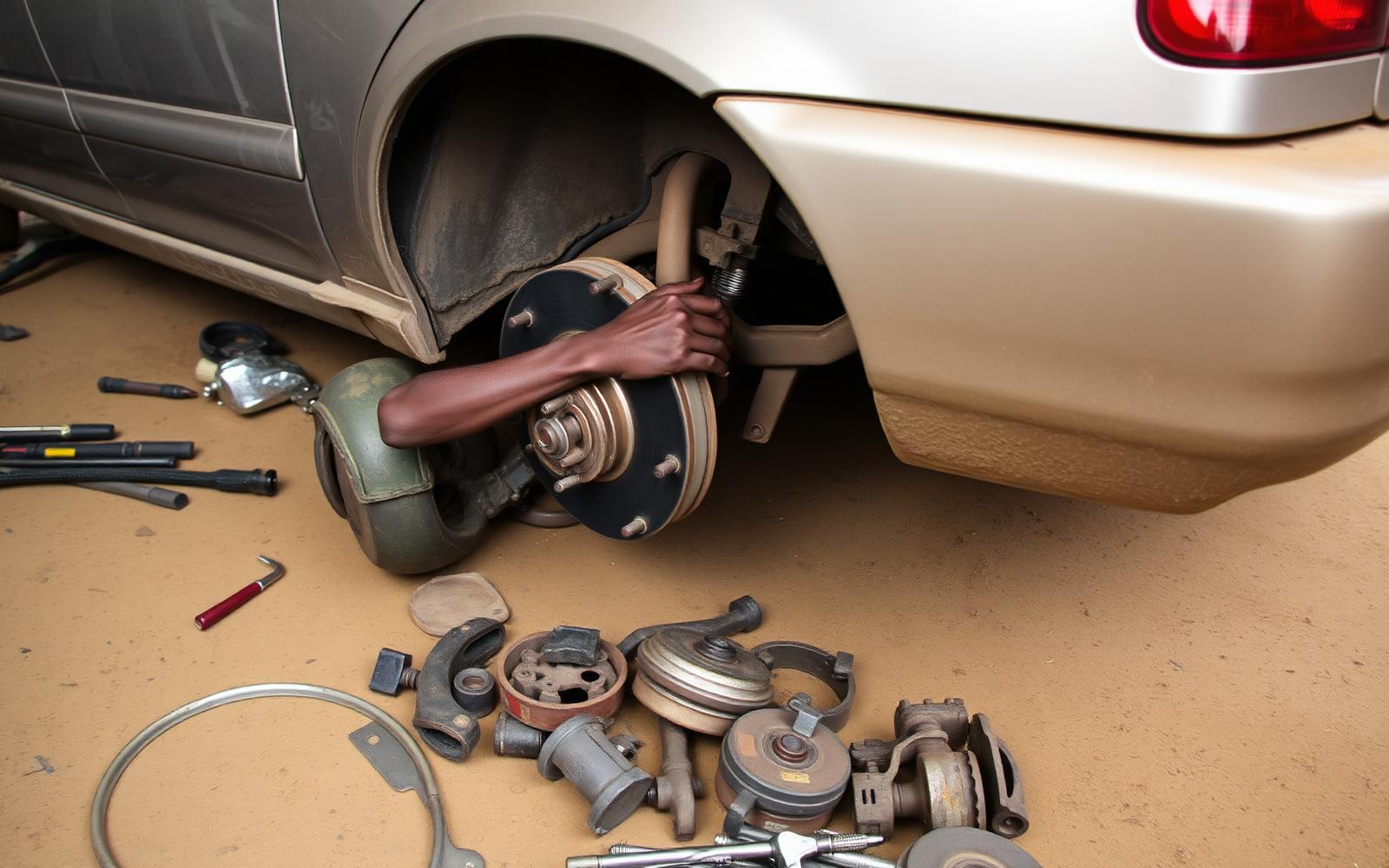 Propriétaire et chauffeur devant un véhicule VTC à Yaoundé