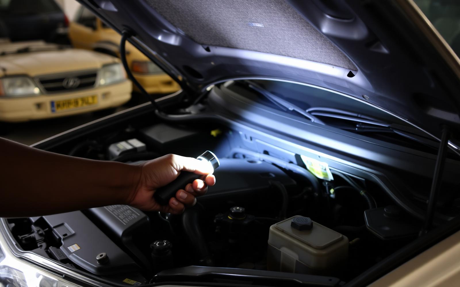 Inspection mécanique d'un véhicule d'occasion dans un garage au Cameroun