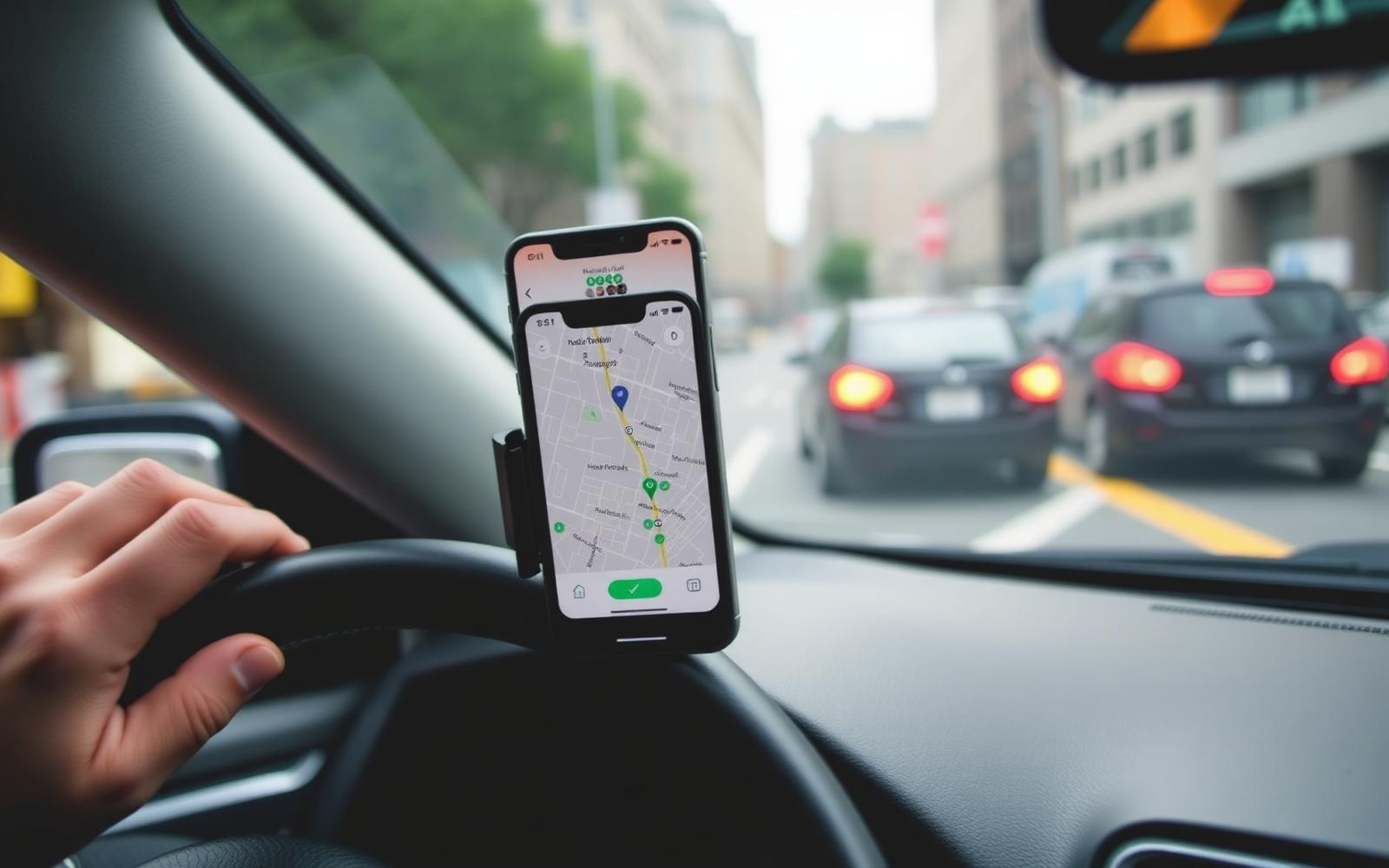 Chauffeur VTC consultant son application dans son véhicule à Yaoundé